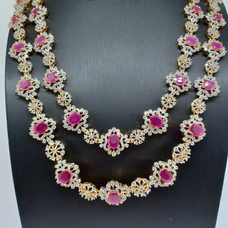 Beautiful Diamond Finish AD And Ruby Stone 2 Lane Necklace Set With Earrings