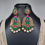 Elegant Multi Strand Sugar Beads Set With Multistone Locket And Earrings