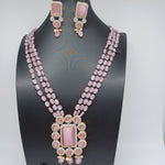 Beautiful Multi Strand Pink Monalisa Beads Set With CZ And pink Stone Locket And Earrings