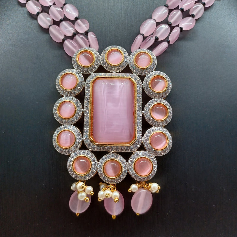 Beautiful Multi Strand Pink Monalisa Beads Set With CZ And pink Stone Locket And Earrings