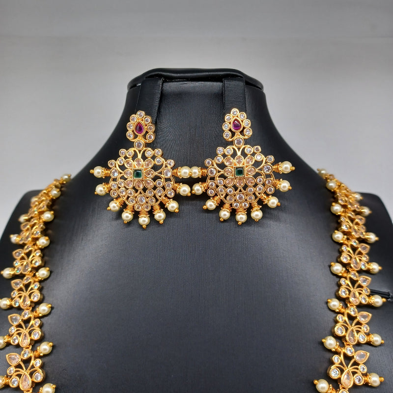 Elegant AD And Multi Stone Uncut Style Necklace Set With Earrings