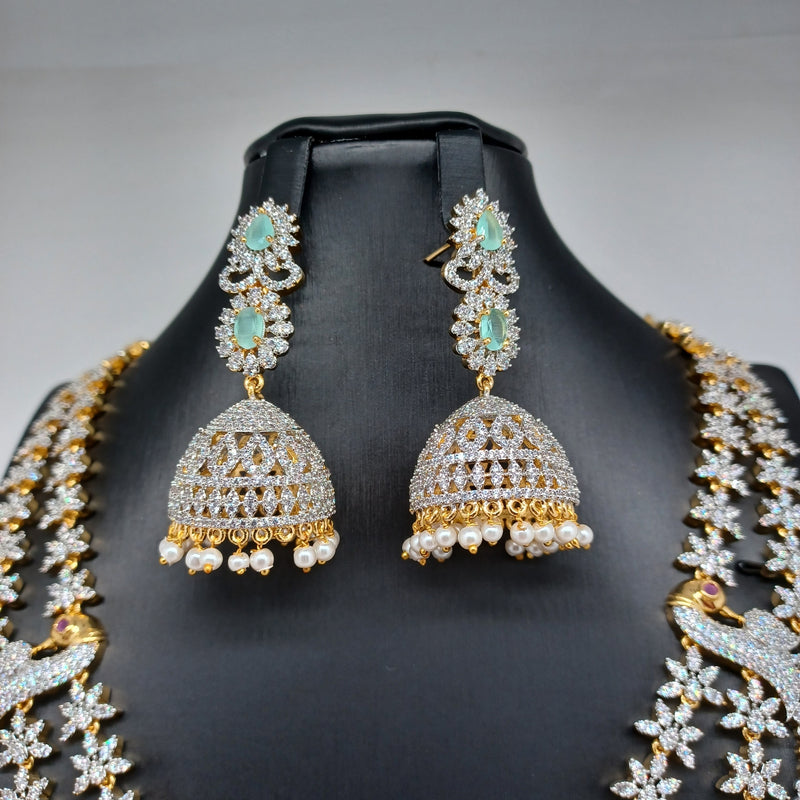 Elegant AD And Mint Green Stone Multi Lane Peacock Haram With Earrings