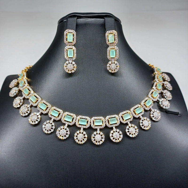 Beautiful AD And Mint Green Stone Small Necklace Set With Earrings