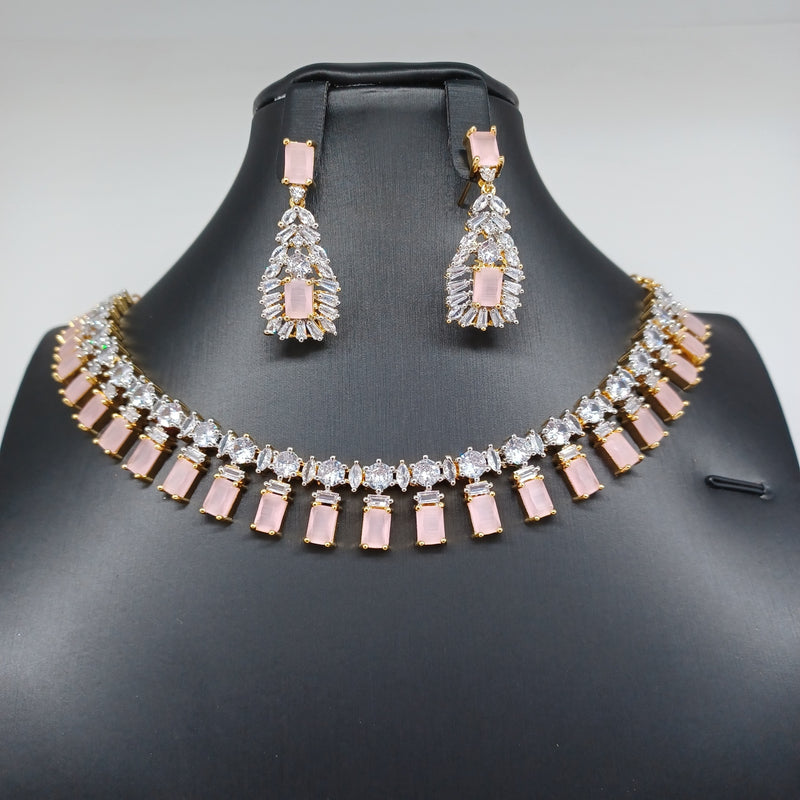 Beautiful AD And Pastel Pink Stone Small Necklace Set With Earrings