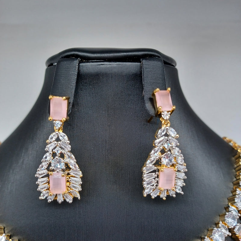 Beautiful AD And Pastel Pink Stone Small Necklace Set With Earrings