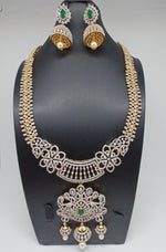 Elegant Diamond Finish AD And Green Stone Detachable Locket Long Haram With earrings