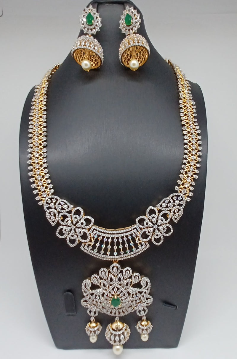 Elegant Diamond Finish AD And Green Stone Detachable Locket Long Haram With earrings
