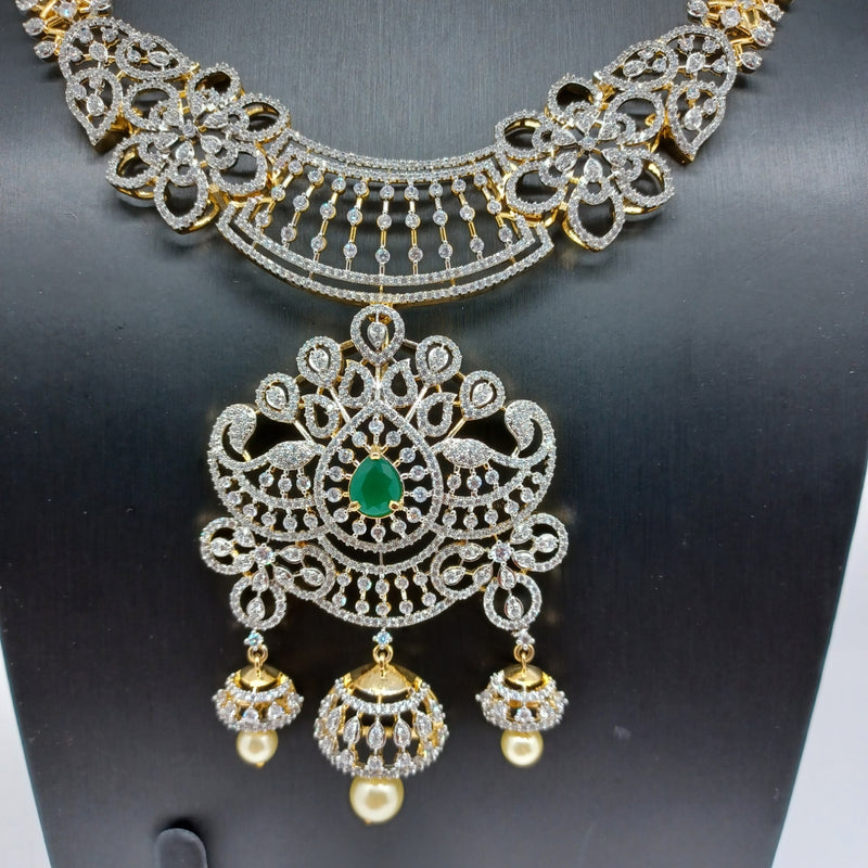 Elegant Diamond Finish AD And Green Stone Detachable Locket Long Haram With earrings