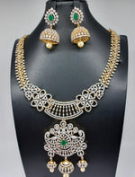 Elegant Diamond Finish AD And Green Stone Detachable Locket Long Haram With earrings