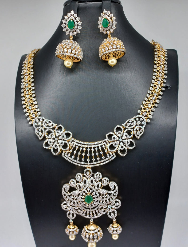 Elegant Diamond Finish AD And Green Stone Detachable Locket Long Haram With earrings