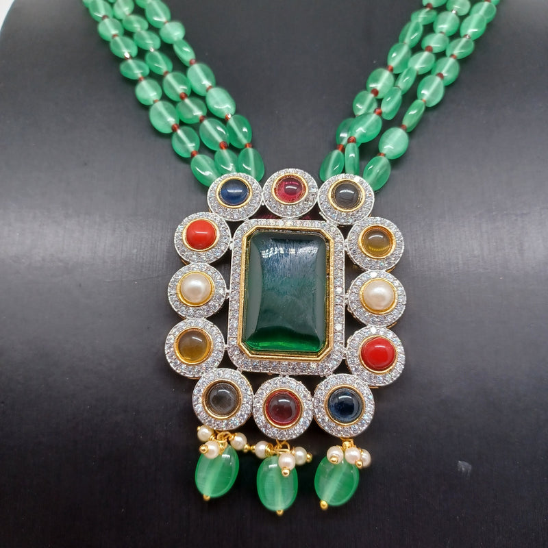 Beautiful Multi Strand Green Monalisa Beads Set With CZ And Navaratan Stone Locket And Earrings