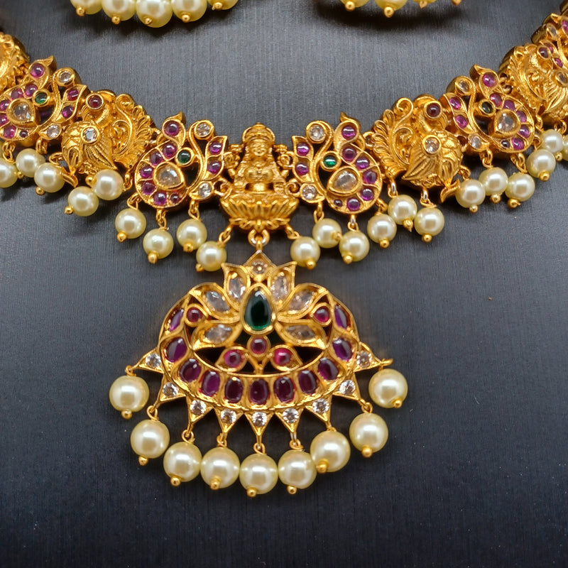 Beautiful Nakshi Peacock And Lakshmi Multi Kempu Stone Small Necklace Set Earrings