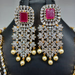 Elegant Diamond Finish Multi Layer Long AD And Ruby Stone Panchlada Haram With Big Earrings