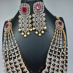 Elegant Diamond Finish Multi Layer Long AD And Ruby Stone Panchlada Haram With Big Earrings