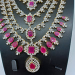 Elegant Diamond Finish Multi Layer Long AD And Ruby Stone Panchlada Haram With Big Earrings