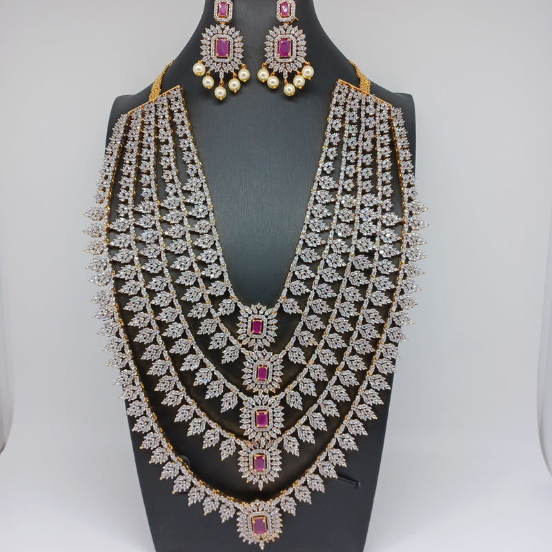 Elegant Diamond Finish Multi Layer Medium AD And Ruby Stone Panchlada Haram With Earrings