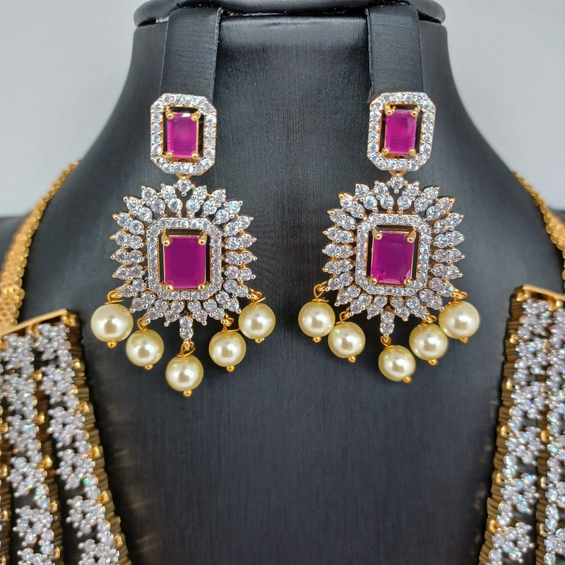 Elegant Diamond Finish Multi Layer Medium AD And Ruby Stone Panchlada Haram With Earrings