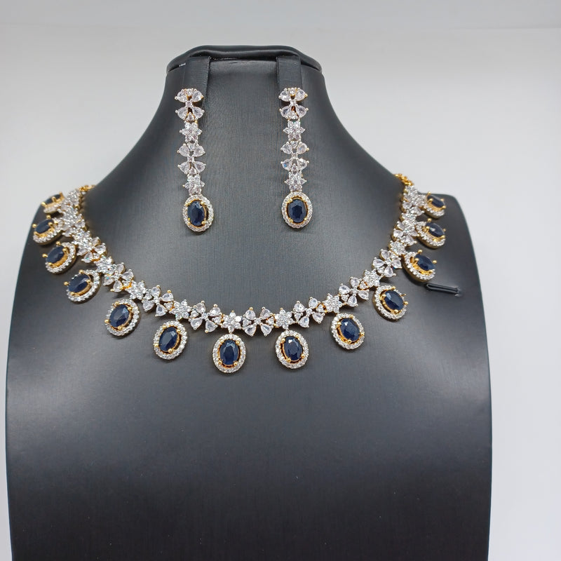 Beautiful AD And Sapphire Stone Small Necklace Set With Earrings
