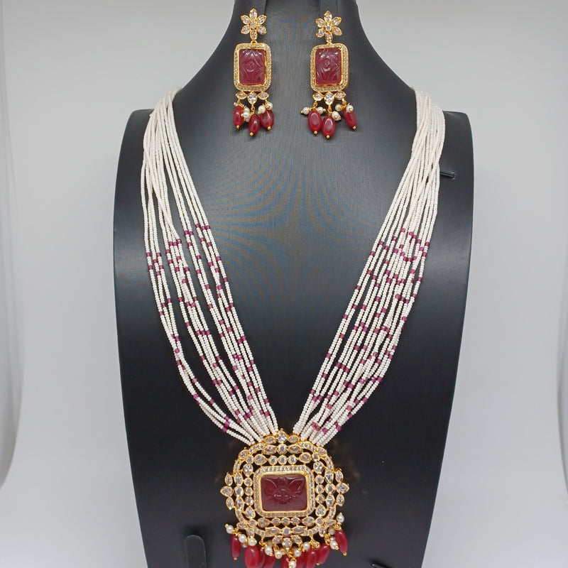 Beautiful Multi Strand Sugar Beads Set With AD and Ruby color carving stone Locket with Earrings
