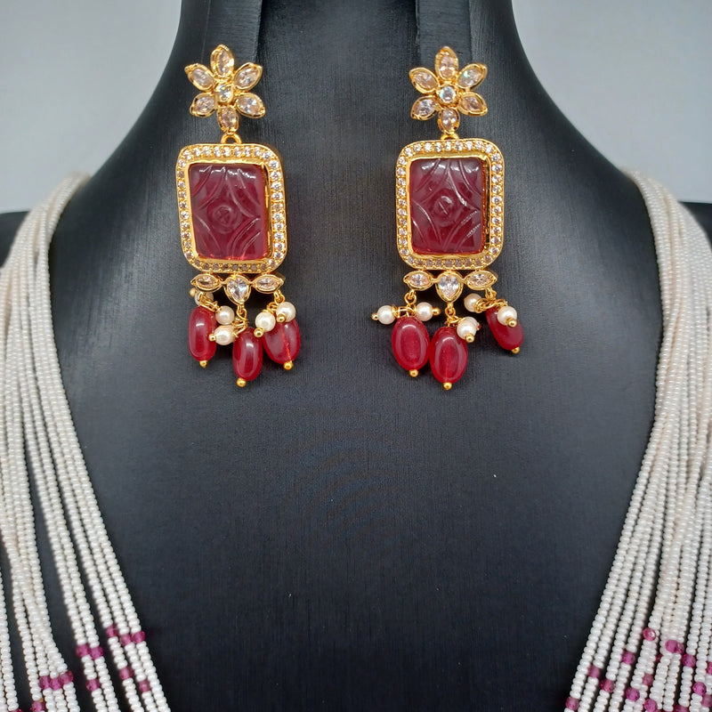 Beautiful Multi Strand Sugar Beads Set With AD and Ruby color carving stone Locket with Earrings