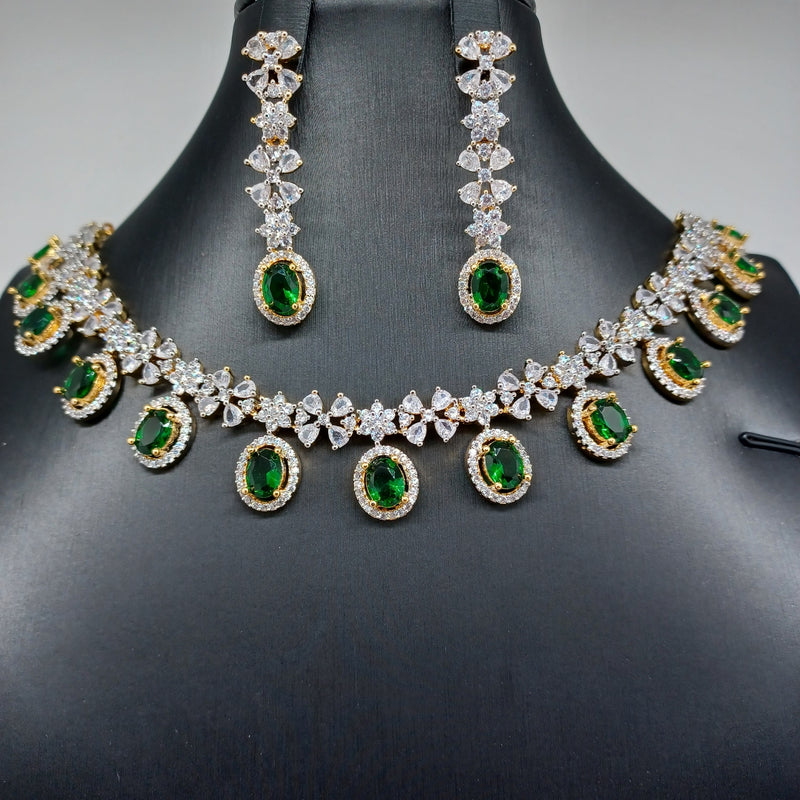 Beautiful AD And Green Stone Small Necklace Set With Earrings