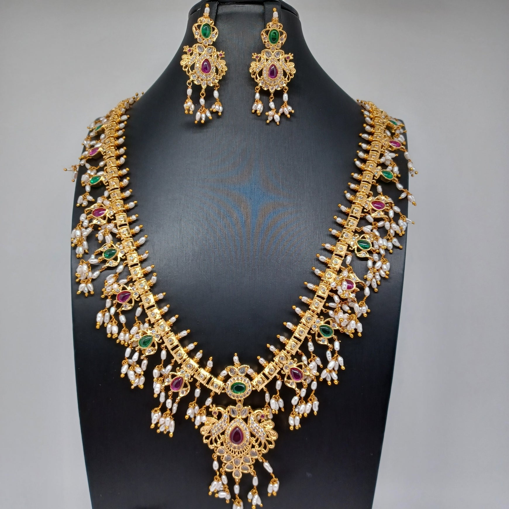 Elegant AD And Multi Stone Rice Pearl Guttapusalu WIth Gold Polish Nec SaiSuji Collections