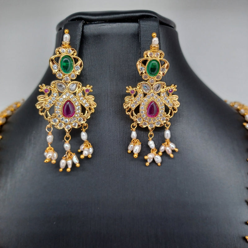 Elegant AD And Multi Stone Rice Pearl Guttapusalu WIth Gold Polish Necklace With Earrings