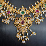 Elegant AD And Multi Stone Rice Pearl Guttapusalu WIth Gold Polish Necklace With Earrings
