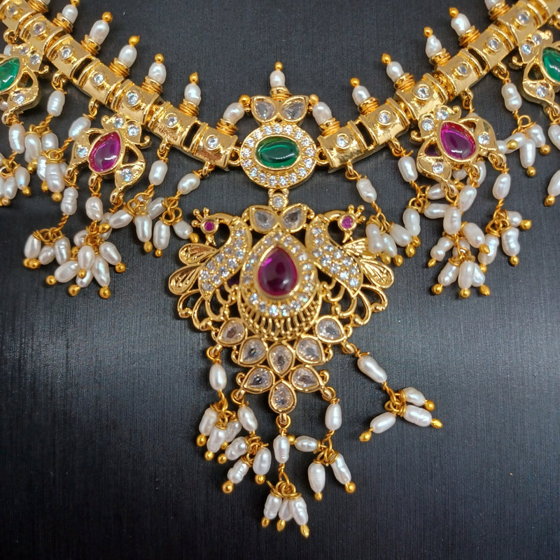 Elegant AD And Multi Stone Rice Pearl Guttapusalu WIth Gold Polish Necklace With Earrings