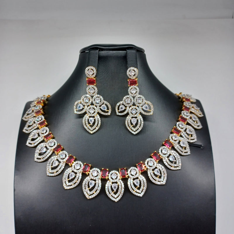 Beautiful AD And Splendid Pink Stone Necklace Set With Earrings