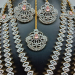 Elegant Diamond Finish Multi Layered Long AD And Pastel Pink Stone Haram With Big Earrings