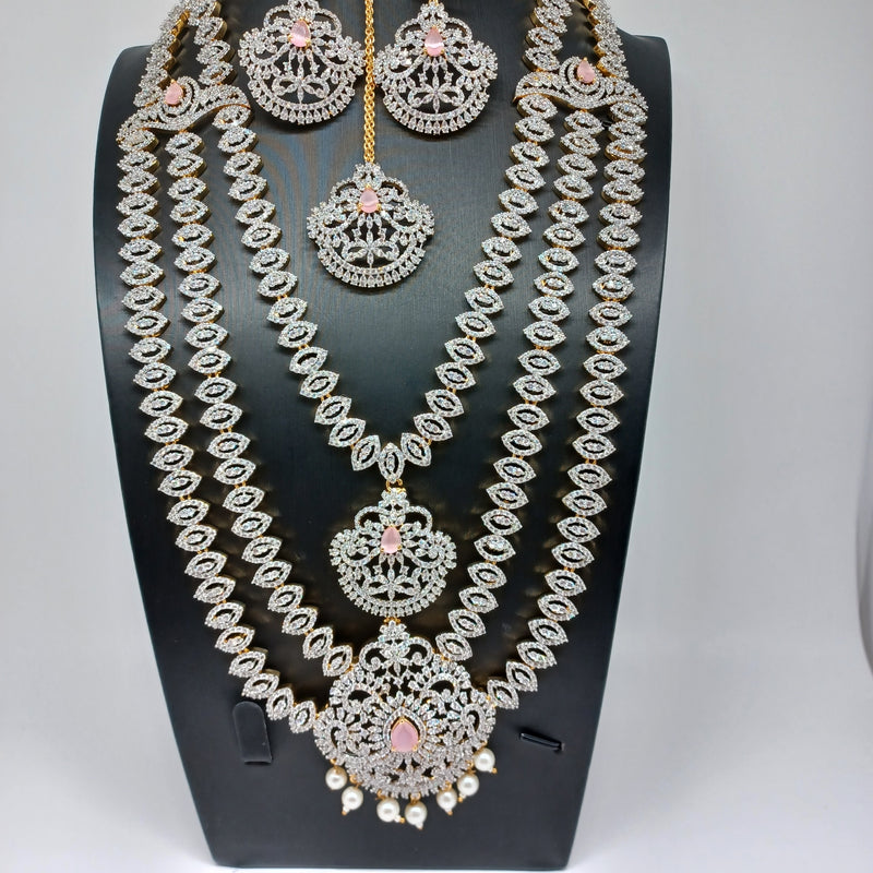 Elegant Diamond Finish Multi Layered Long AD And Pastel Pink Stone Haram With Big Earrings