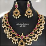 Beautiful Gold Finish AD and Ruby Stone Peacock Pearl Small Necklace Set With Earrings-Saisuji Collections-C-Imitation Gold,Necklace,Necklace Set,Necklaces,Necklance,pearl,Ruby