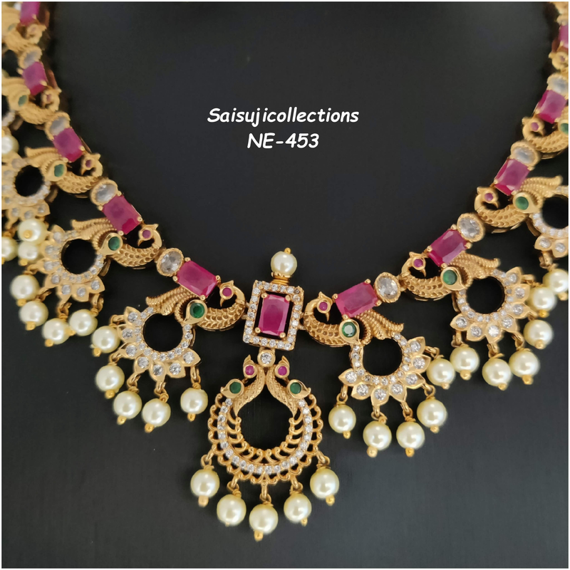 Beautiful Gold Finish AD and Ruby Stone Peacock Pearl Small Necklace Set With Earrings-Saisuji Collections-C-Imitation Gold,Necklace,Necklace Set,Necklaces,Necklance,pearl,Ruby