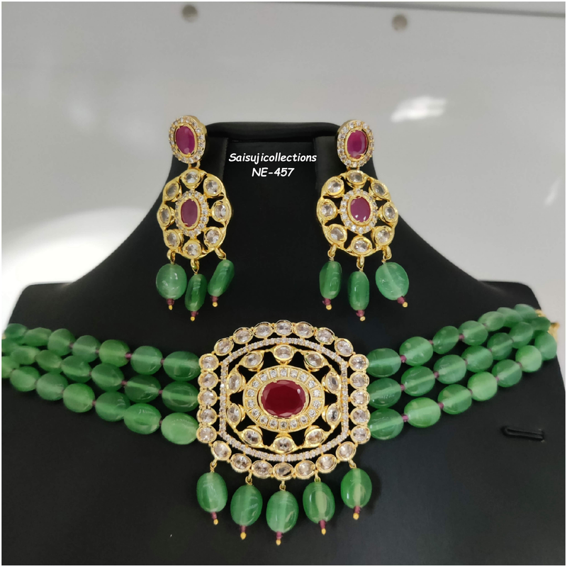 Beautiful Green Monalisa Beads Choker with AD and Ruby Stone Locket and Earrings-Saisuji Collections-C-Imitation Gold,Necklace,Necklace Set,Necklaces,Necklance,Ruby