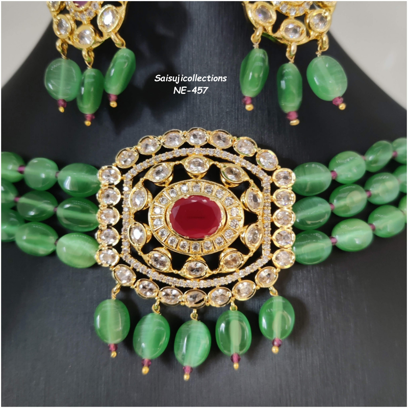 Beautiful Green Monalisa Beads Choker with AD and Ruby Stone Locket and Earrings-Saisuji Collections-C-Imitation Gold,Necklace,Necklace Set,Necklaces,Necklance,Ruby