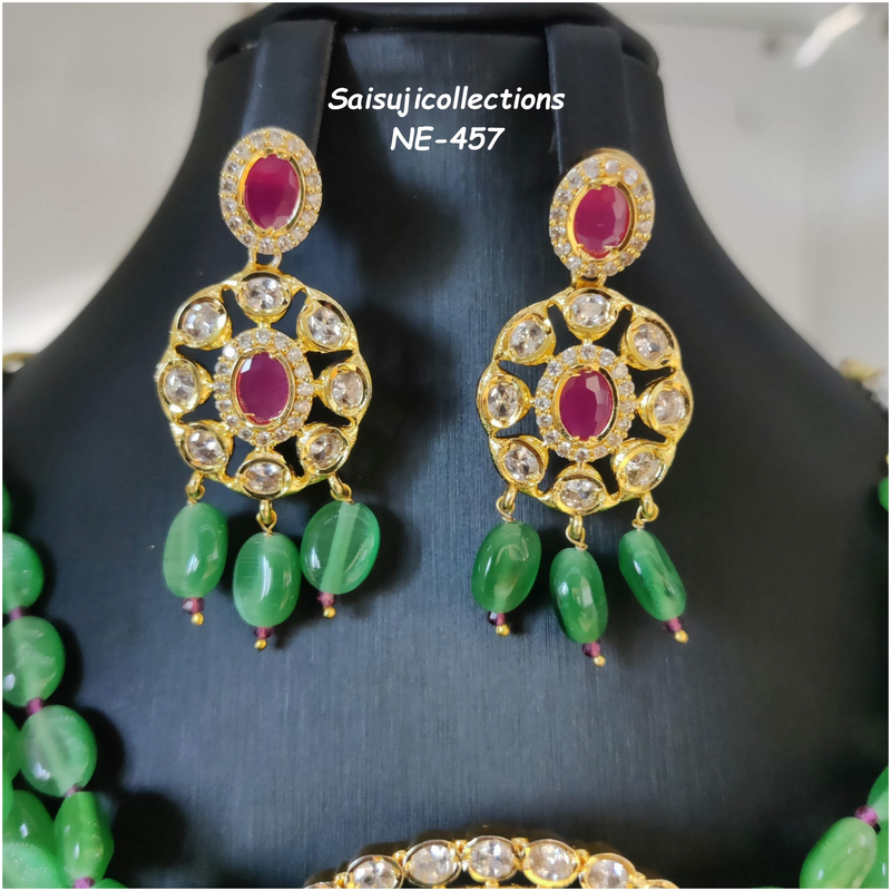 Beautiful Green Monalisa Beads Choker with AD and Ruby Stone Locket and Earrings-Saisuji Collections-C-Imitation Gold,Necklace,Necklace Set,Necklaces,Necklance,Ruby