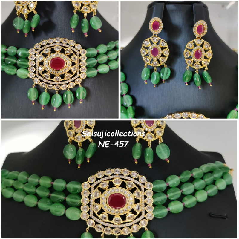 Beautiful Green Monalisa Beads Choker with AD and Ruby Stone Locket and Earrings-Saisuji Collections-C-Imitation Gold,Necklace,Necklace Set,Necklaces,Necklance,Ruby
