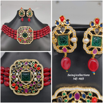 Beautiful Red Color Monalisa Beads And Navaratan Stones Choker With Earrings-Saisuji Collections-C-beads,Choker,Imitation Gold,monalisa beads,multi Stone,navaratan,pearl