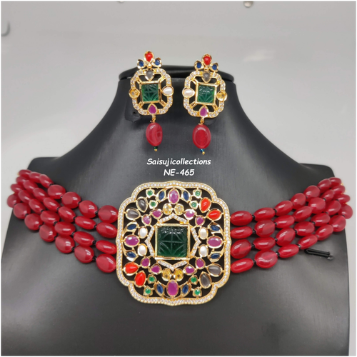 Beautiful Red Color Monalisa Beads And Navaratan Stones Choker With Earrings-Saisuji Collections-C-beads,Choker,Imitation Gold,monalisa beads,multi Stone,navaratan,pearl