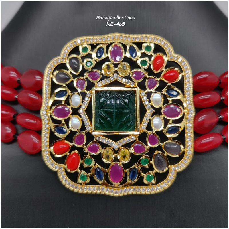 Beautiful Red Color Monalisa Beads And Navaratan Stones Choker With Earrings-Saisuji Collections-C-beads,Choker,Imitation Gold,monalisa beads,multi Stone,navaratan,pearl