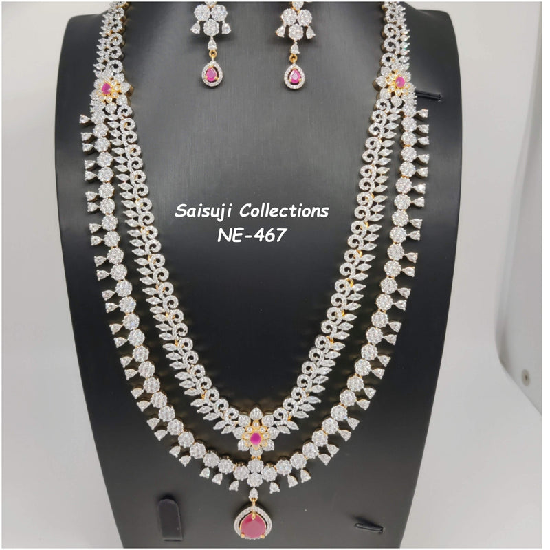 Elegant Diamond Finish 2 Lane CZ and Ruby Stone Long Haram With Earrings-Saisuji Collections-C-Imitation Gold,Necklace,Necklace Set,Necklaces,Necklance,Ruby