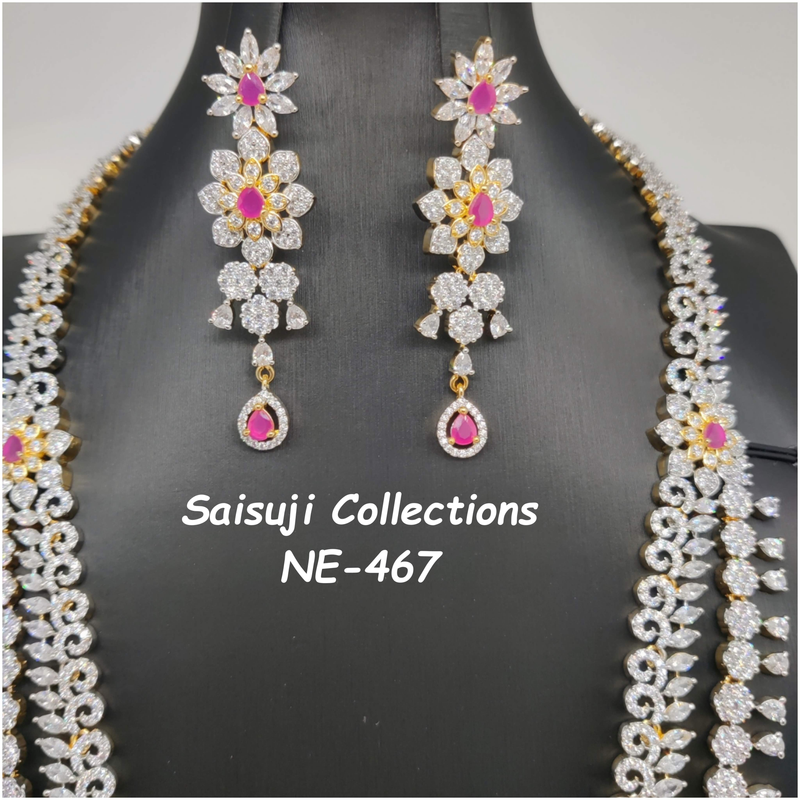 Elegant Diamond Finish 2 Lane CZ and Ruby Stone Long Haram With Earrings-Saisuji Collections-C-Imitation Gold,Necklace,Necklace Set,Necklaces,Necklance,Ruby