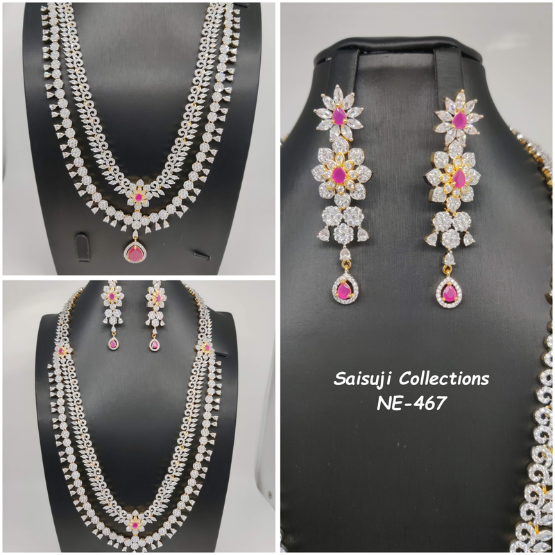 Elegant Diamond Finish 2 Lane CZ and Ruby Stone Long Haram With Earrings-Saisuji Collections-C-Imitation Gold,Necklace,Necklace Set,Necklaces,Necklance,Ruby