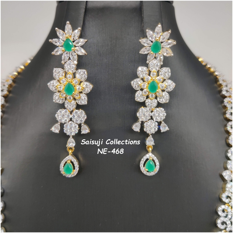 Elegant Diamond Finish 2 Lane CZ and Green Stone Long Haram With Earrings-Saisuji Collections-C-Green,Imitation Gold,Necklace,Necklace Set,Necklaces,Necklance,Ruby