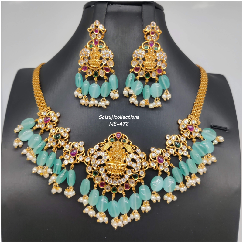 Beautiful Mint Green Monalisa Beads Lakshmi Locket With AD and Multi Stone Choker With Earrings-Saisuji Collections-C-beads,choker,Imitation Gold,monalisa beads,multi Stone,Necklace,Necklace Set,Necklaces,Necklance,pearl