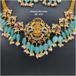 Beautiful Mint Green Monalisa Beads Lakshmi Locket With AD and Multi Stone Choker With Earrings-Saisuji Collections-C-beads,choker,Imitation Gold,monalisa beads,multi Stone,Necklace,Necklace Set,Necklaces,Necklance,pearl