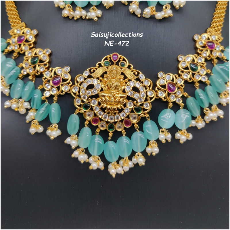 Beautiful Mint Green Monalisa Beads Lakshmi Locket With AD and Multi Stone Choker With Earrings-Saisuji Collections-C-beads,choker,Imitation Gold,monalisa beads,multi Stone,Necklace,Necklace Set,Necklaces,Necklance,pearl