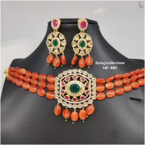 Beautiful Orange Color monalisa Beads With Ad and Multi Stone Choker With Earrings-Saisuji Collections-C-beads,bottumala,Imitation Gold,Lakshmi,multi Stone,Necklace,Necklace Set,Necklaces,Necklance,peacock,pearl