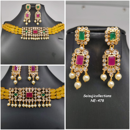 Beautiful Yellow Color Monalisa Beads AD and multi Stone Choker With Earrings-Saisuji Collections-C-beads,beads mala,choker,green beads,Imitation Gold,multi Stone,yellow Monalisa beads